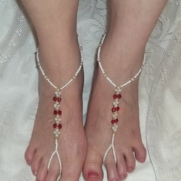Handcrafted Red Crystal Barefoot Sandals Size 6-9 - Picture 2 of 4